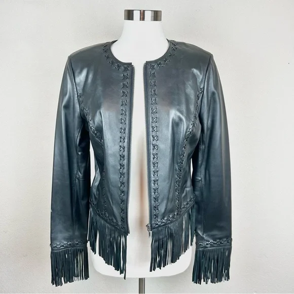 Cache Western Black Leather Fringe Zip Coat - Picture 2 of 8